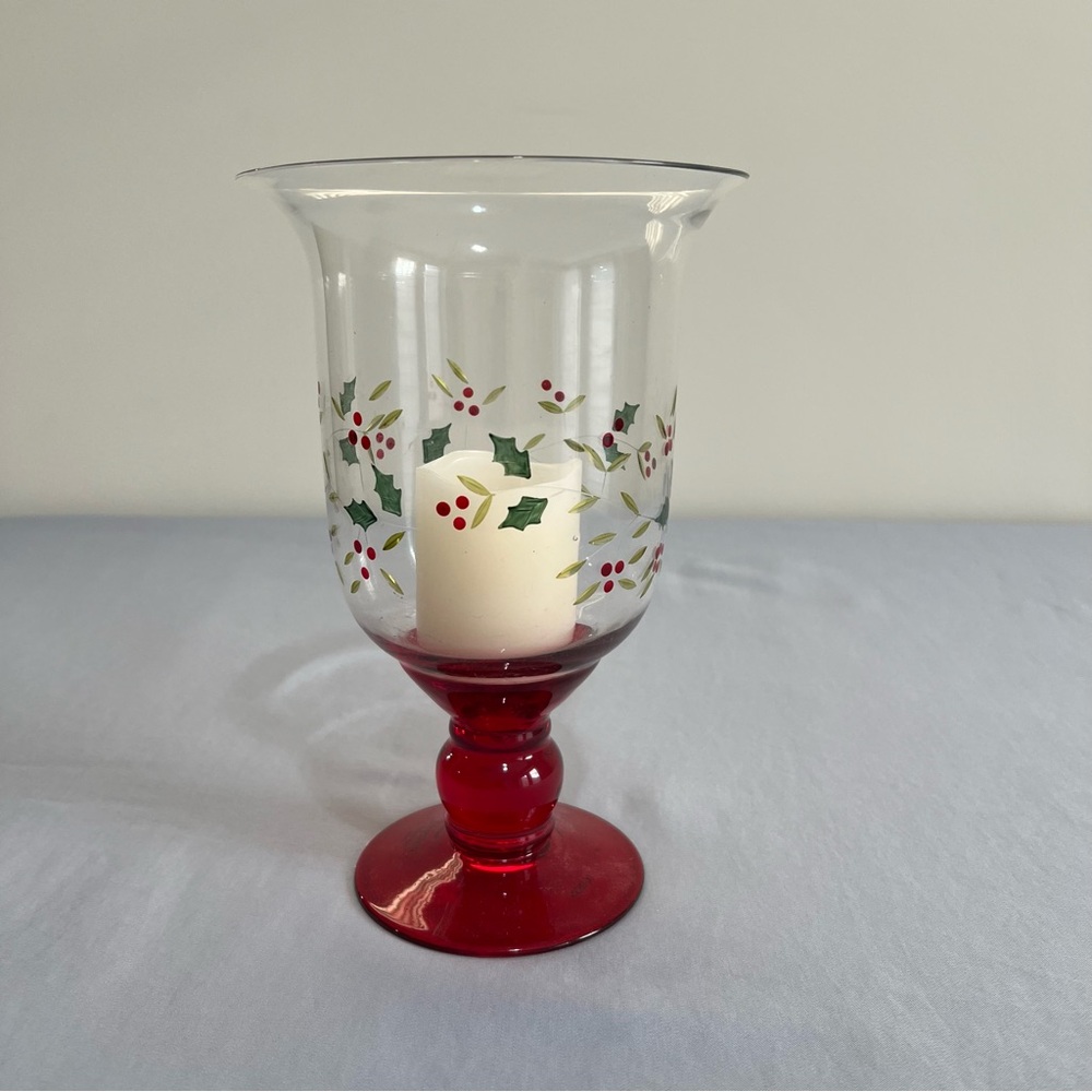 Festive Glass Candle Holder with Holly Design and Battery Operated Candle